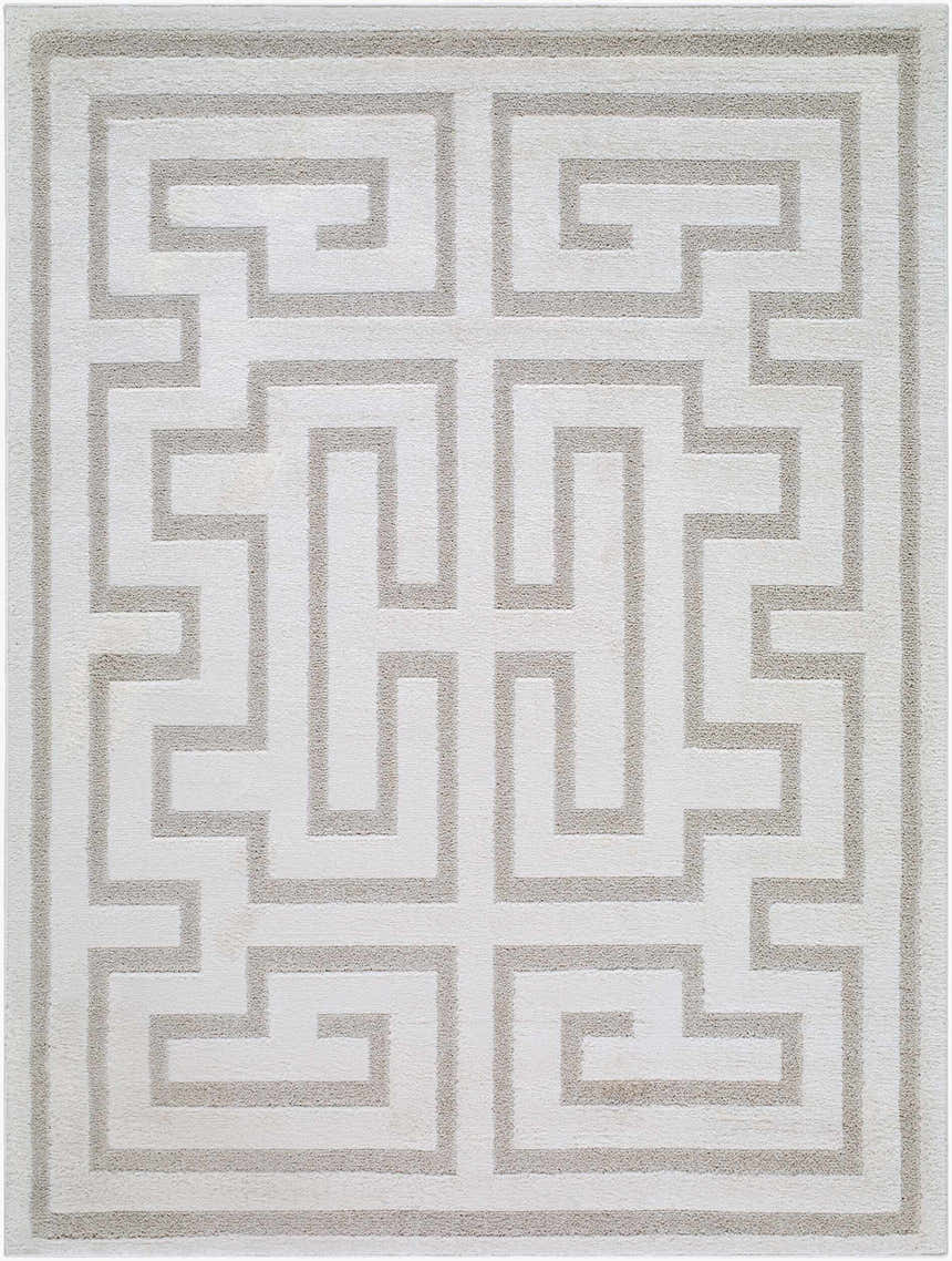 Close-up of the Studio Edit Rachel Zoe x LIVABLISS RZSE-2306 Area Rug. Beige Greek key pattern on an ivory background. Design-Rectangle