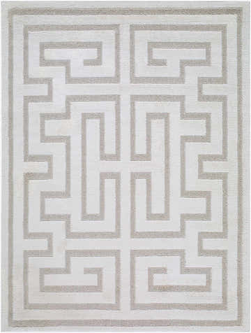 Close-up of the Studio Edit Rachel Zoe x LIVABLISS RZSE-2306 Area Rug. Beige Greek key pattern on an ivory background. Design-Rectangle
