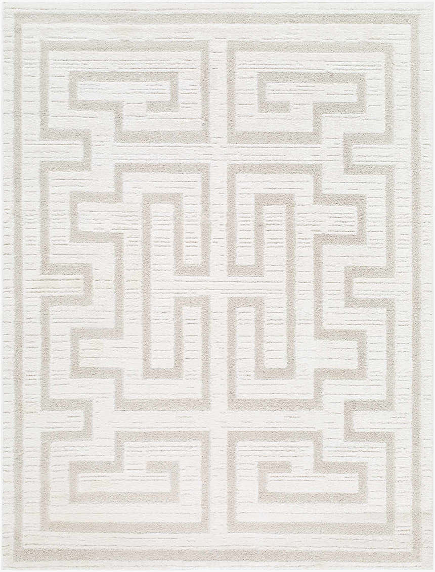 Close-up of the Studio Edit Rachel Zoe x LIVABLISS RZSE-2307 Area Rug, showcasing its cream and beige geometric pattern. Design-Rectangle