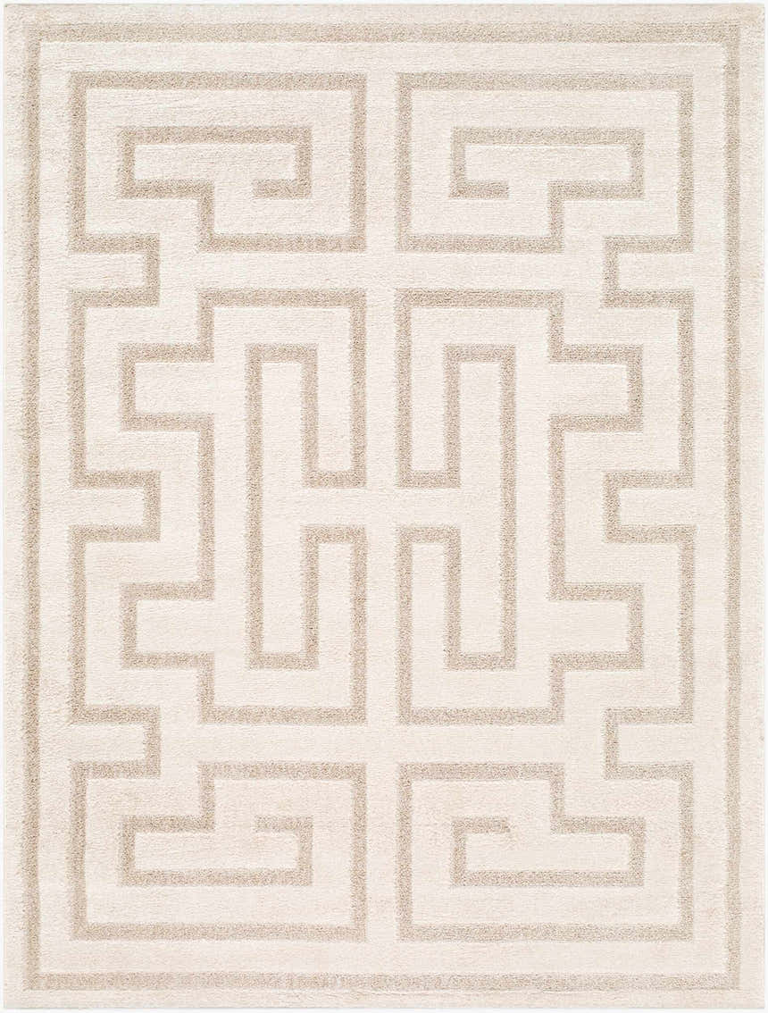 Close-up of the Studio Edit Rachel Zoe x LIVABLISS RZSE-2308 Area Rug. Ivory rug with a geometric, Greek key-inspired pattern. Design-Rectangle