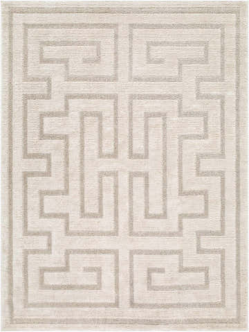 Close-up of the Studio Edit Rachel Zoe x LIVABLISS RZSE-2309 Area Rug. Ivory rug with a geometric, maze-like pattern in medium gray. Design-Rectangle