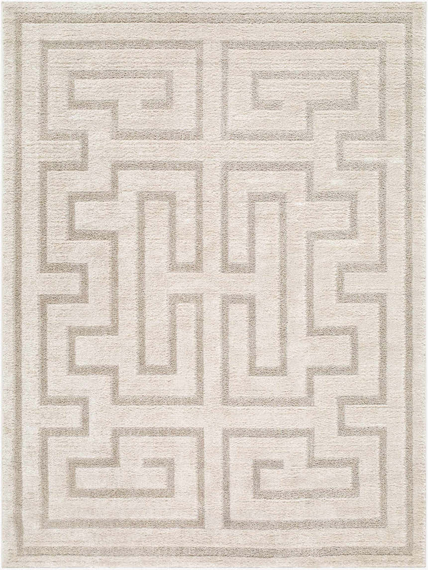 Close-up of the Studio Edit Rachel Zoe x LIVABLISS RZSE-2309 Area Rug. Ivory rug with a geometric, maze-like pattern in medium gray. Design-Rectangle