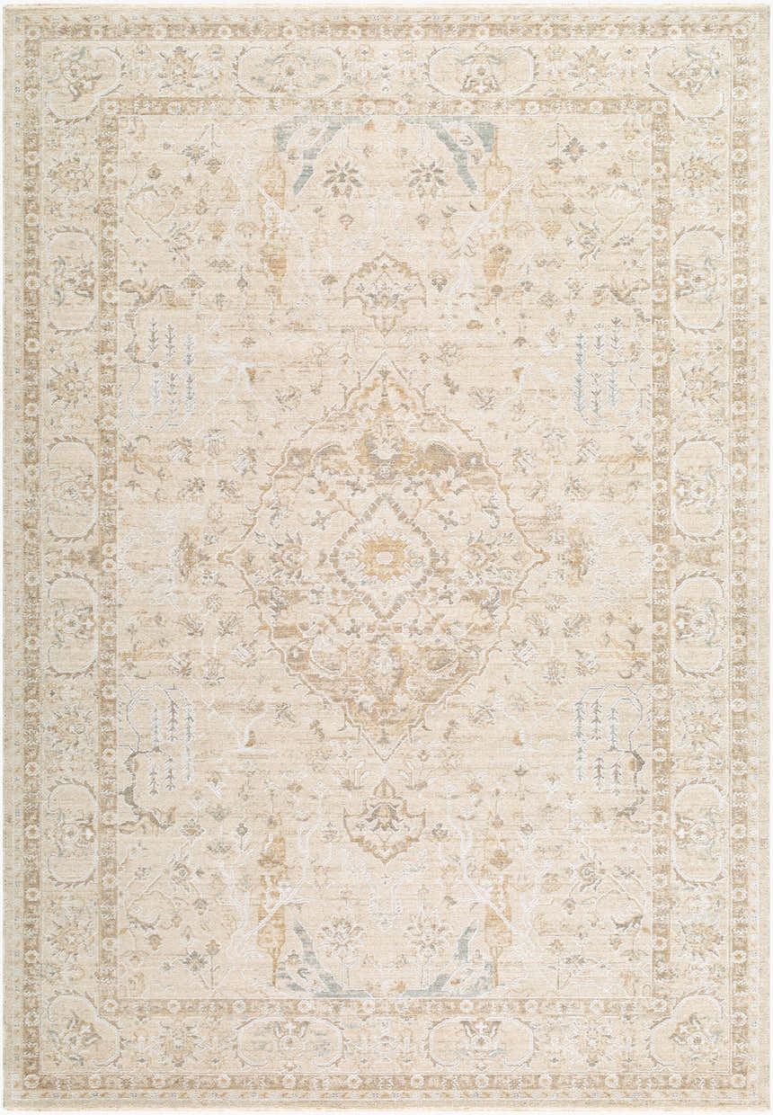 Close-up of the Vintage Edit Rachel Zoe x LIVABLISS RZVE-2300 Area Rug. Beige, cream, and gray traditional floral pattern. Design-Rectangle-6796