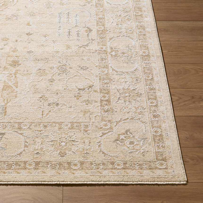Close-up of the Vintage Edit Rachel Zoe x LIVABLISS RZVE-2300 Area Rug. Beige, cream, and tan traditional pattern. Front