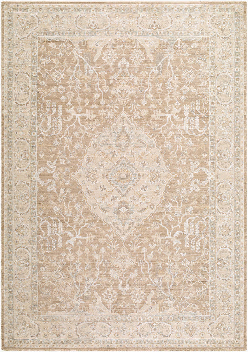 Close-up of the Gofae Tan Medallion rug. Beige, cream, and tan tones create a traditional, farmhouse-style medallion pattern. Design-Rectangle-6796