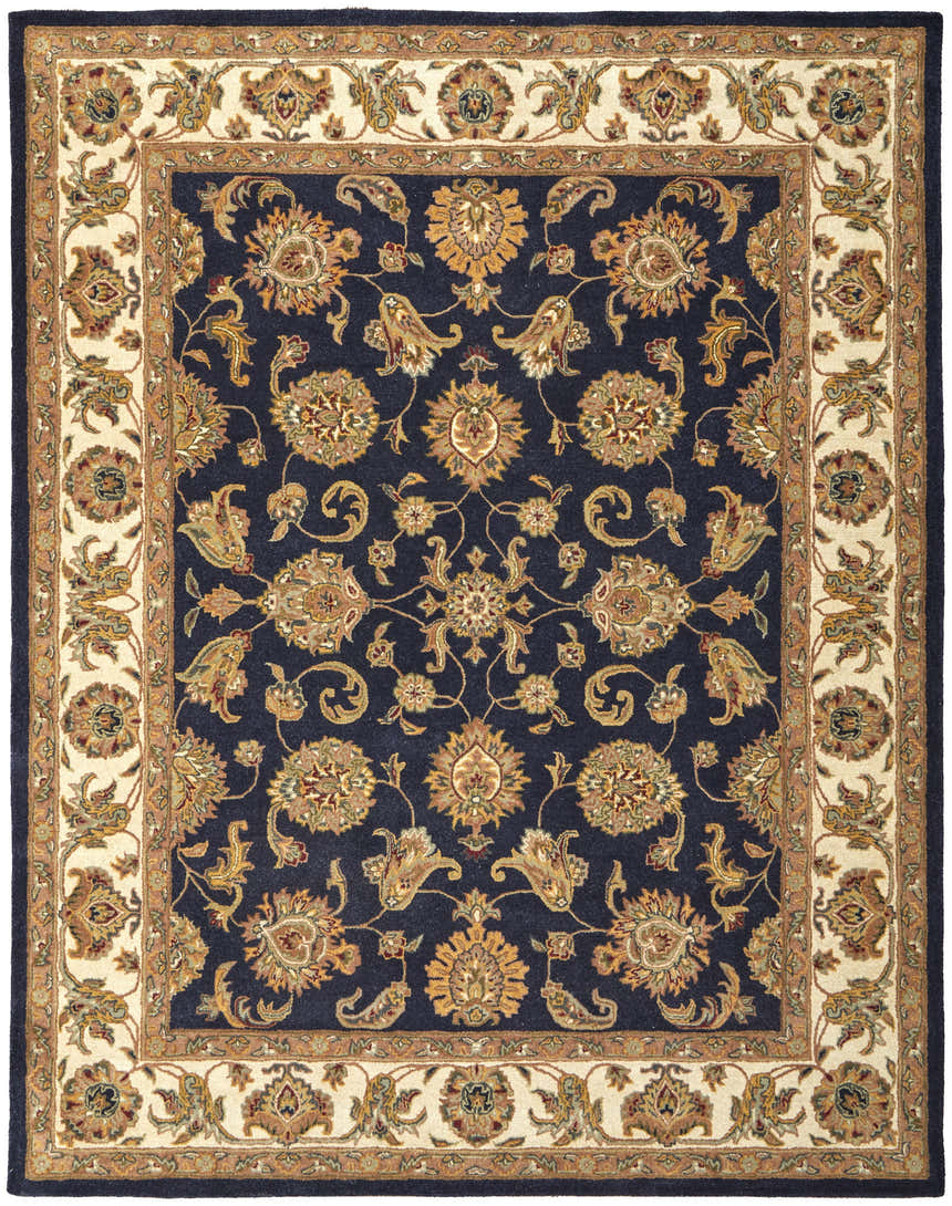 Close-up of Feizy Wagner Traditional Oriental rug. Hand-tufted wool rug in blue, tan, and gold floral pattern with a cream border. Design-Rectangle