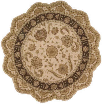 Close-up of the round Nourison Heritage Hall Freeform Beige Persian Rug with floral pattern and scalloped edge.