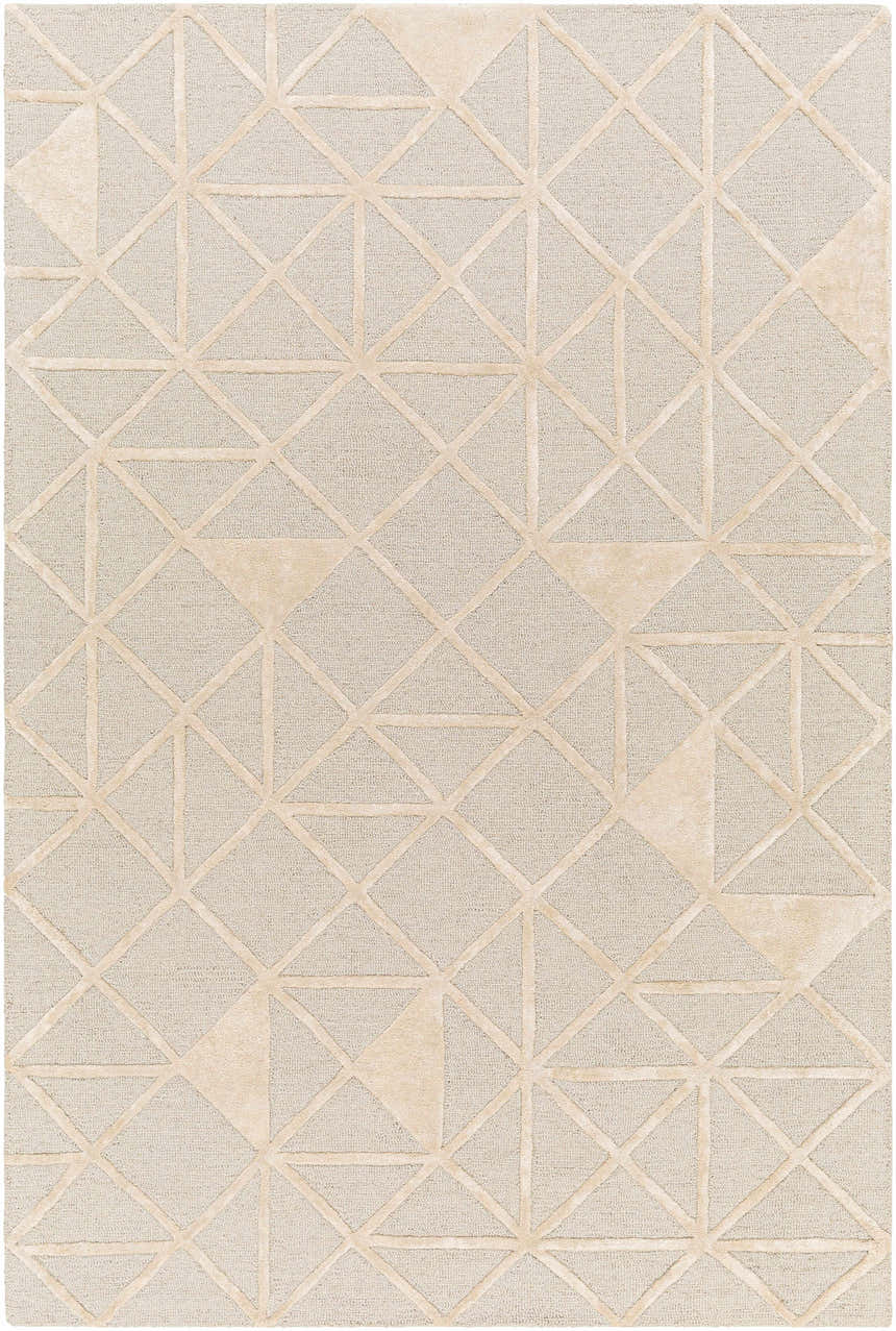 Close-up of the Botiu Blue Geometric rug, a hand-tufted wool rug with light gray and pale peach tones and a modern triangle pattern. Design-Rectangle-576