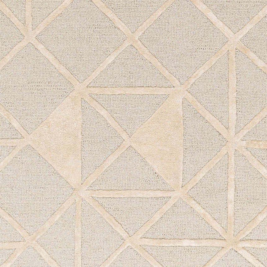 Close-up of the Botiu Blue Geometric Hand Tufted Wool Area Rug, featuring a light gray and pale peach geometric pattern. Swatch