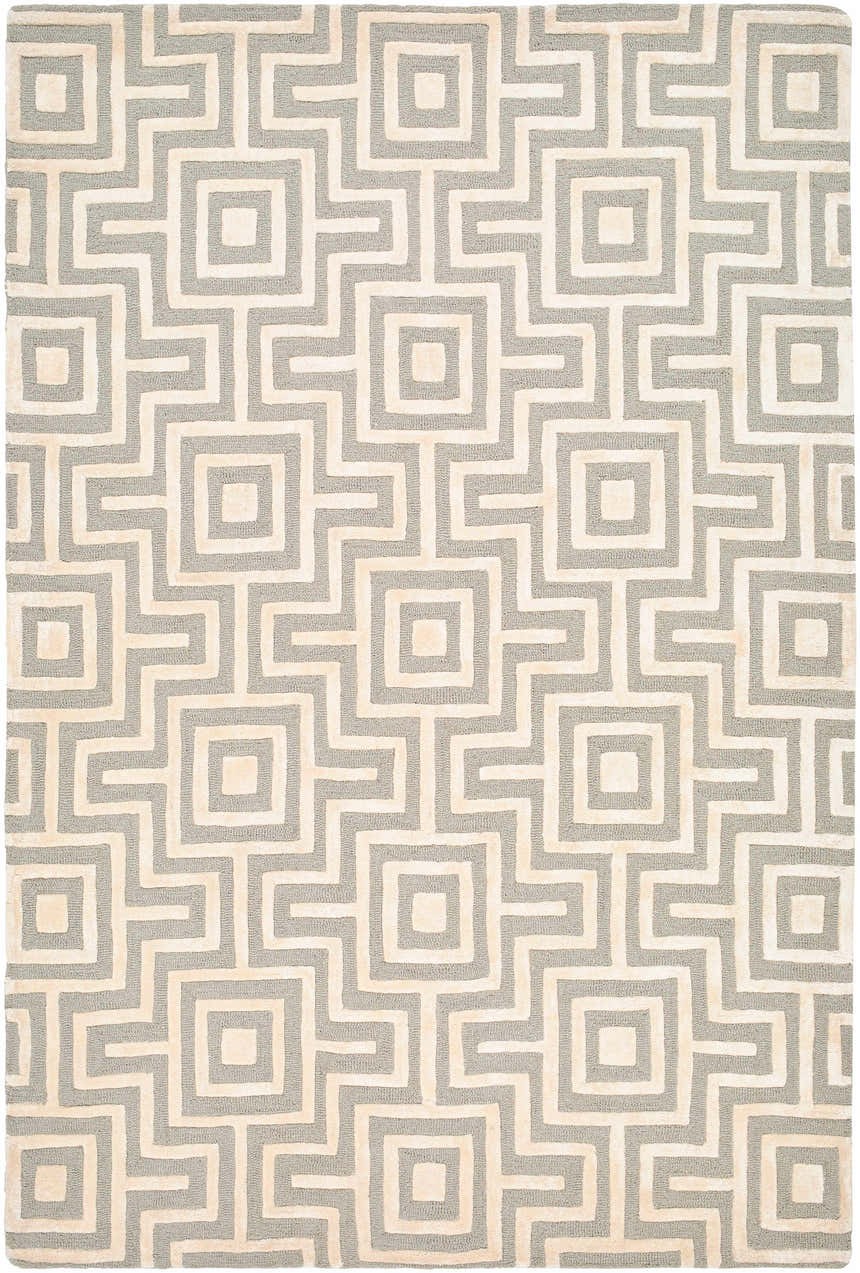 Close-up of the Fynn Beige Area Rug featuring a geometric maze pattern in beige and gray hues. Hand-tufted wool and viscose rug. Design-Rectangle-576