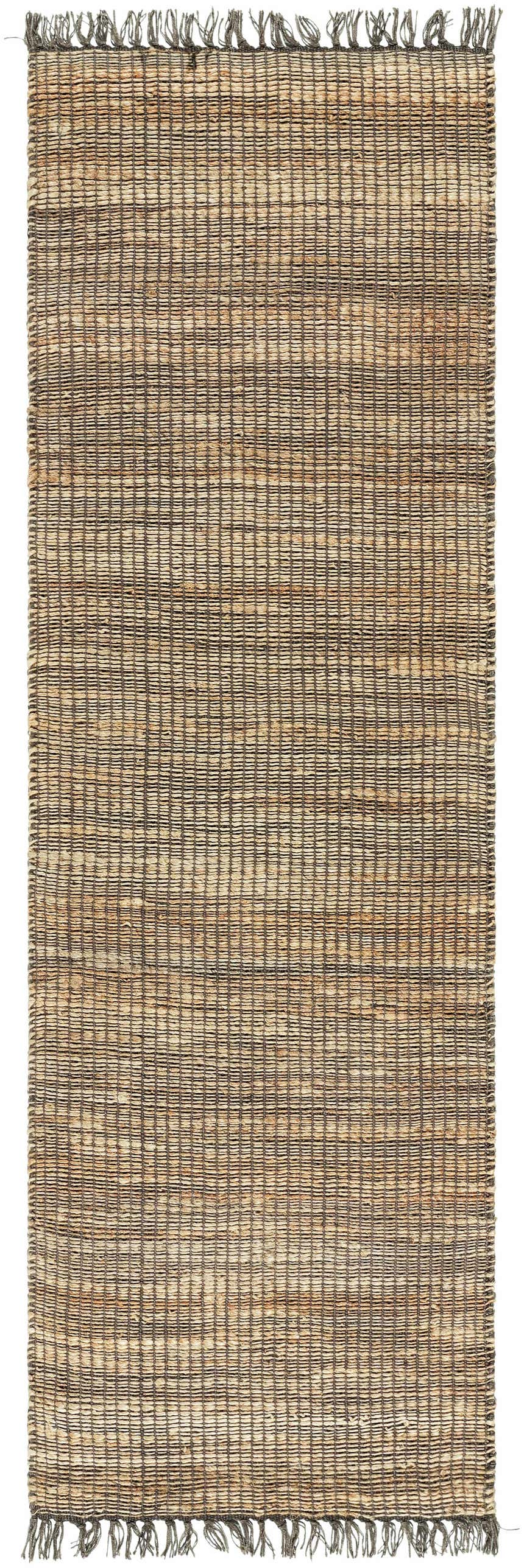 Close-up of the hand-woven Mihal Jute Rug, showing its camel and taupe colors, textured weave, and decorative fringe. Design-Runner-268