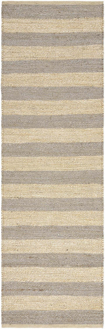 Close-up of the hand woven Ilkay Jute Area Rug. Camel and natural jute stripes create a farmhouse, transitional style. Design-Runner-268