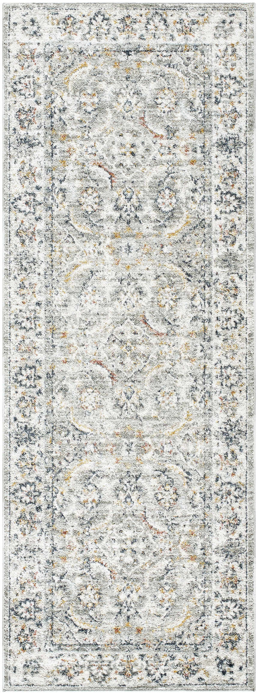 Close-up of the Jeven Sage Area Rug, a machine-woven runner with a farmhouse style, featuring gray, white, gold, and navy hues. Design-Runner-2773