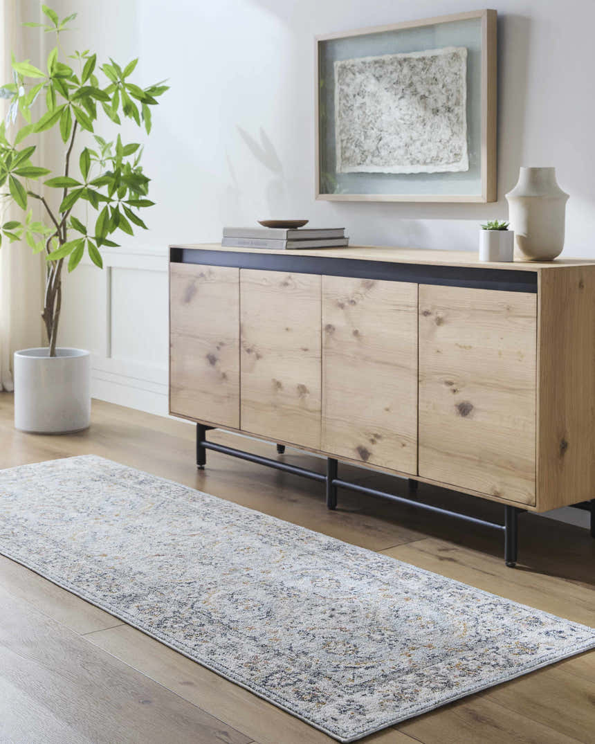 Entryway with beige wood floors, cabinet, and Jeven Blue Area Rug runner with traditional farmhouse design. Roomscene-Runner