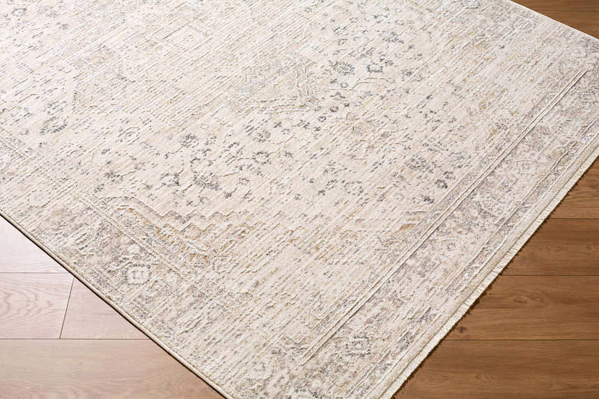 Close-up of the beige Dalila Area Rug showing its traditional pattern and soft texture on hardwood flooring. Corner