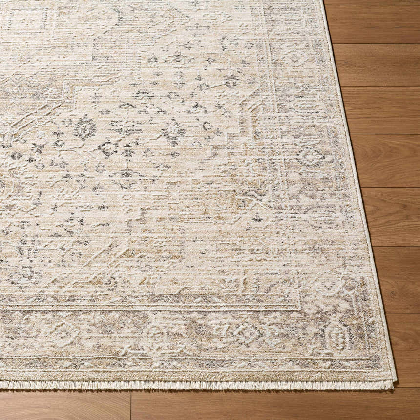 Close-up of the beige and charcoal Dalila Area Rug showing traditional pattern and fringe detail on hardwood floor. Front