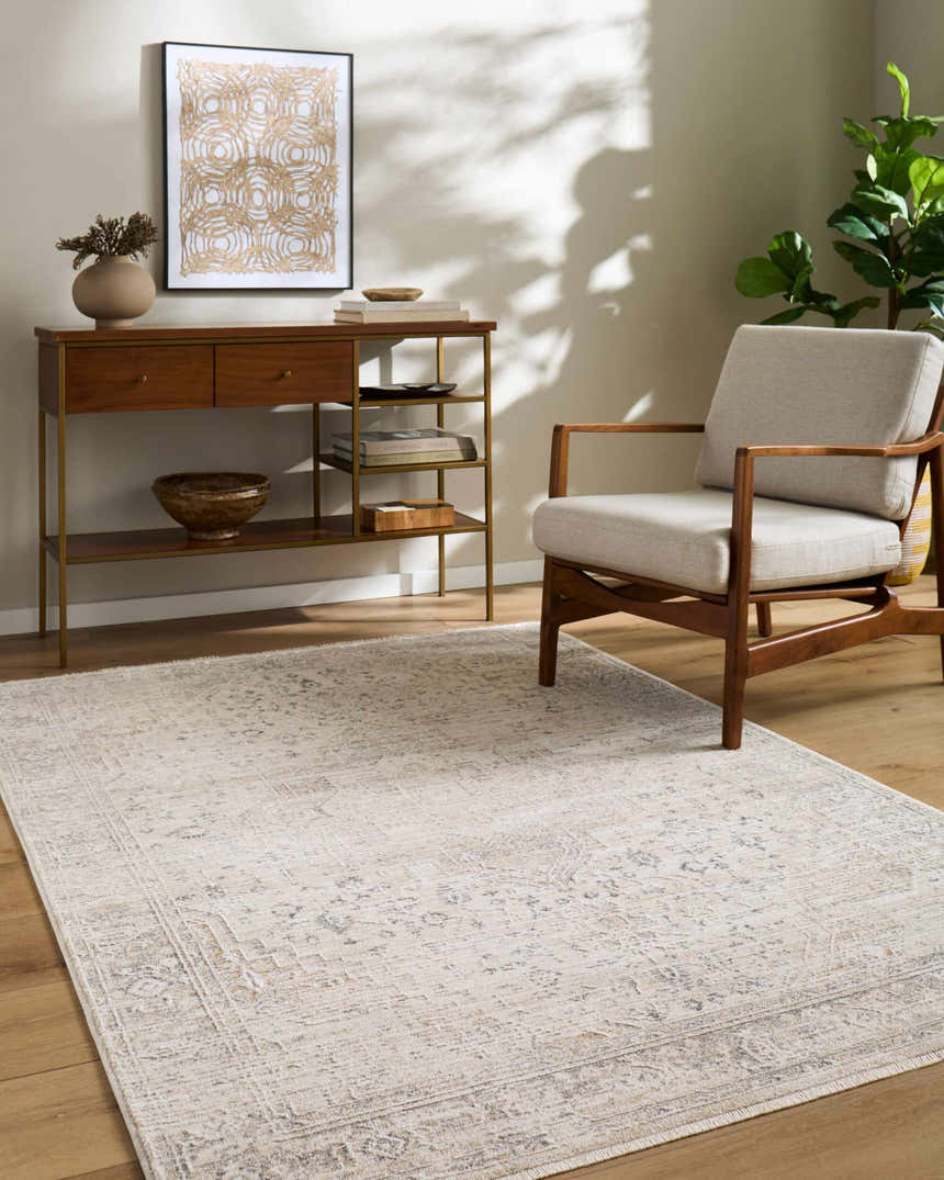 Living room scene with a beige Dalila Area Rug, wood console table, and neutral armchair. Roomscene-Rectangle