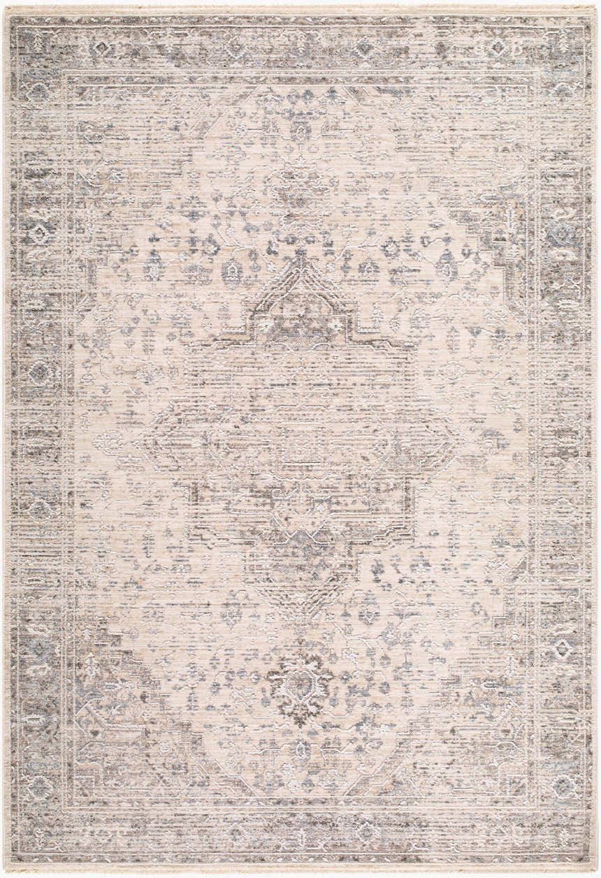 Close-up of the Jaru Gray Vintage Medallion Area Rug. Beige rug with gray, cream, and light gray vintage medallion pattern. Design-Rectangle-575