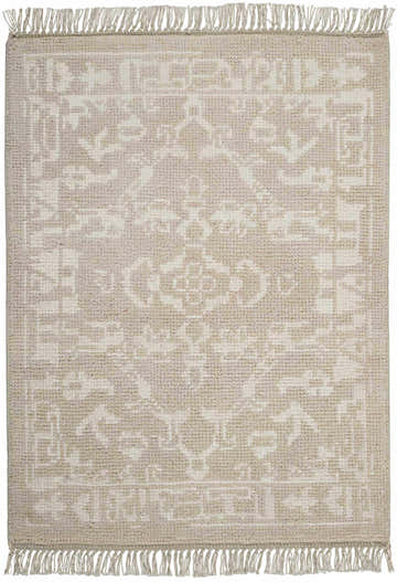Close-up of the Nourison Elan Light Grey Vintage Area Rug, showing wool texture, fringe, and geometric pattern.