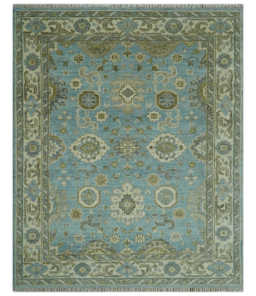 Sea Blue, Green and Ivory Hand Knotted Traditional Oushak Custom Made wool rug