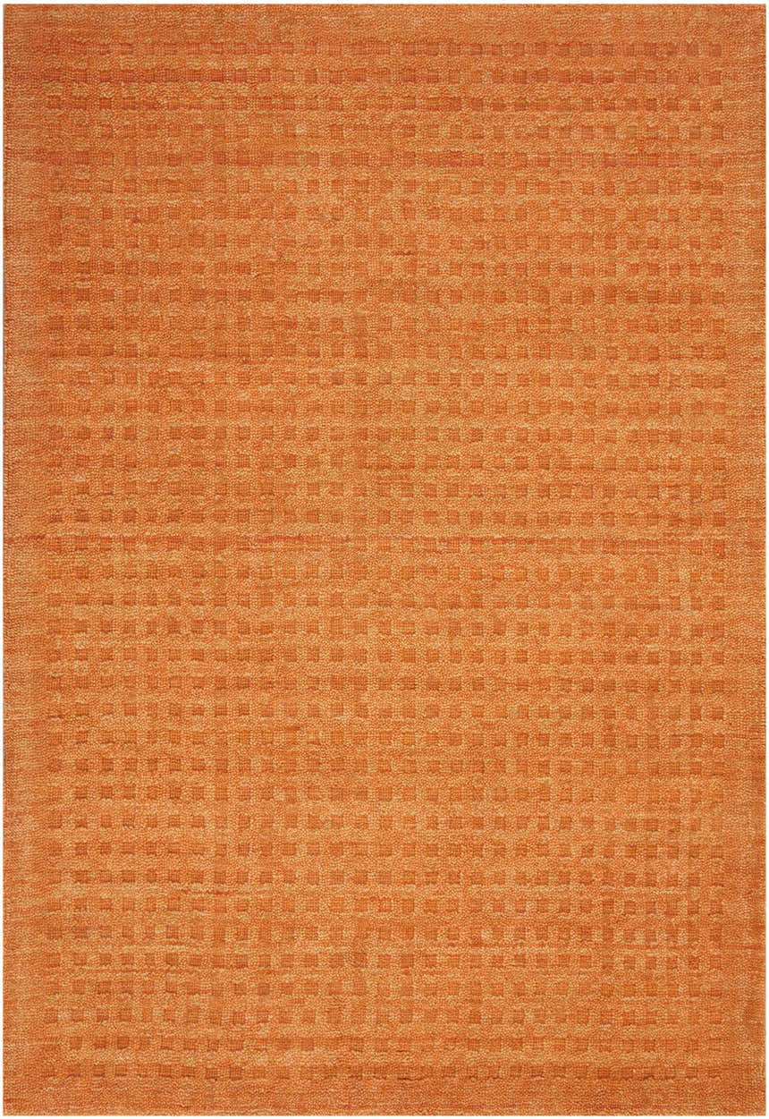 Close-up of the Nourison Marana Sunset rug. Contemporary style, handmade wool rug in a warm sunset color with a subtle grid pattern.
