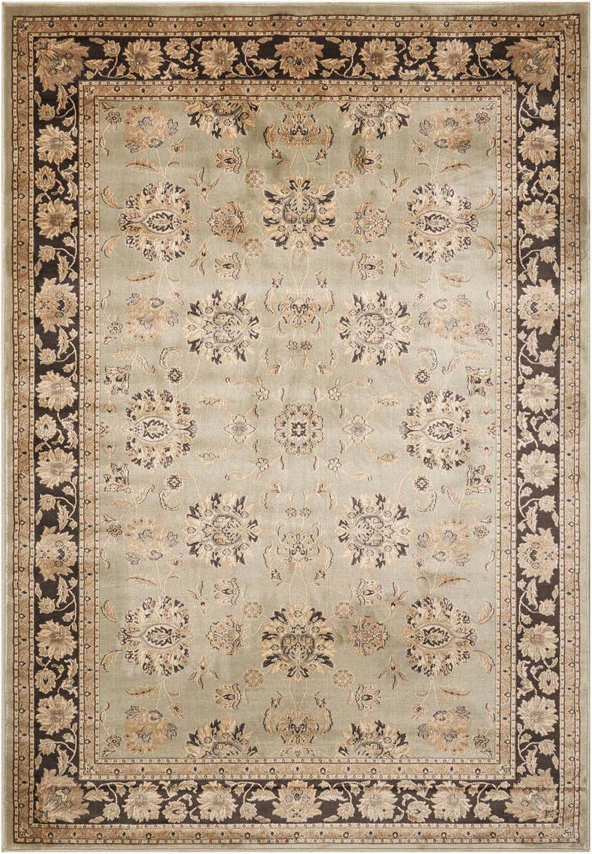 Close-up of the Nourison Ararat Green Persian Area Rug, showcasing its floral pattern and dark brown border.