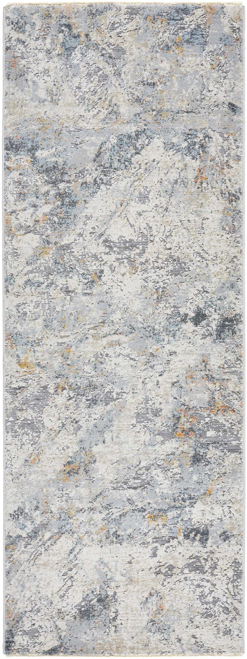 Close-up of Amzie Area Rug: contemporary design in cloud gray, dark gray, and nutmeg hues. Machine-woven texture. Design-Runner-2773