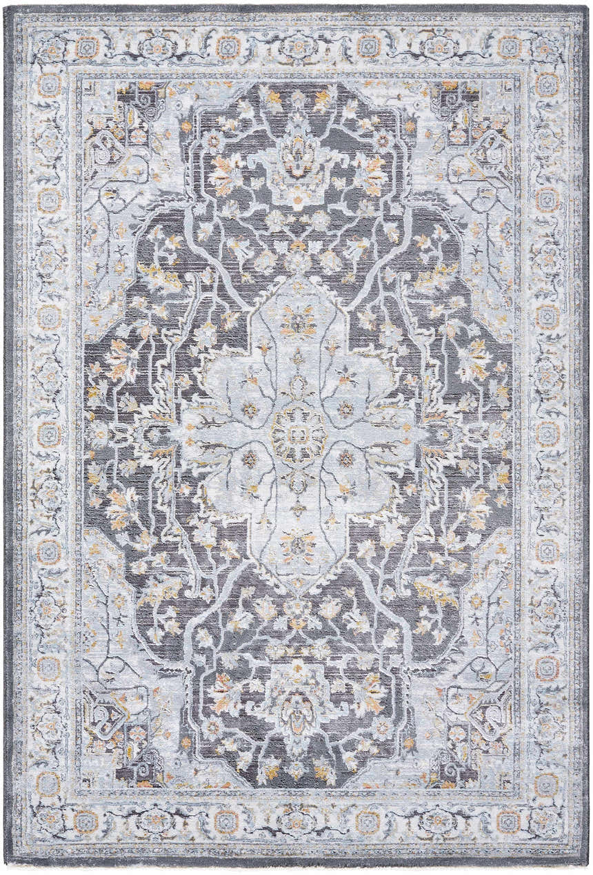 Close-up of the Hayfa Area Rug, a traditional design in dark gray, light gray, and gold tones. Machine-woven texture. Design-Rectangle-575