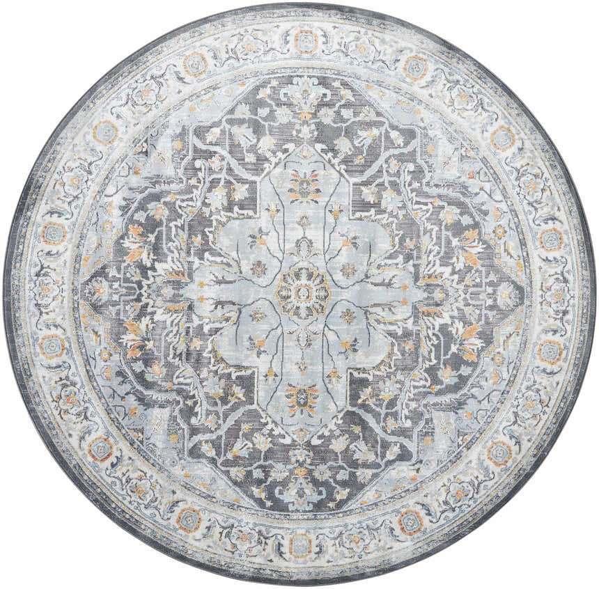 Round Hayfa Area Rug in dark gray, light gray, and orange floral traditional pattern. Design-Round-710