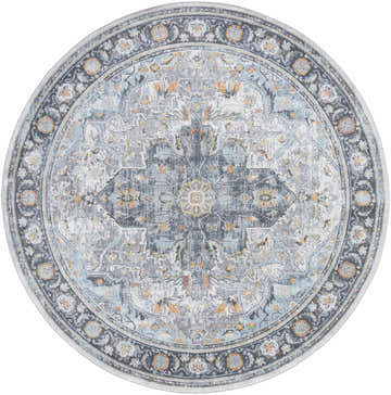 Round Hovan Area Rug in cloud gray, dark gray, and light gray. Traditional floral medallion pattern. Design-Round-710