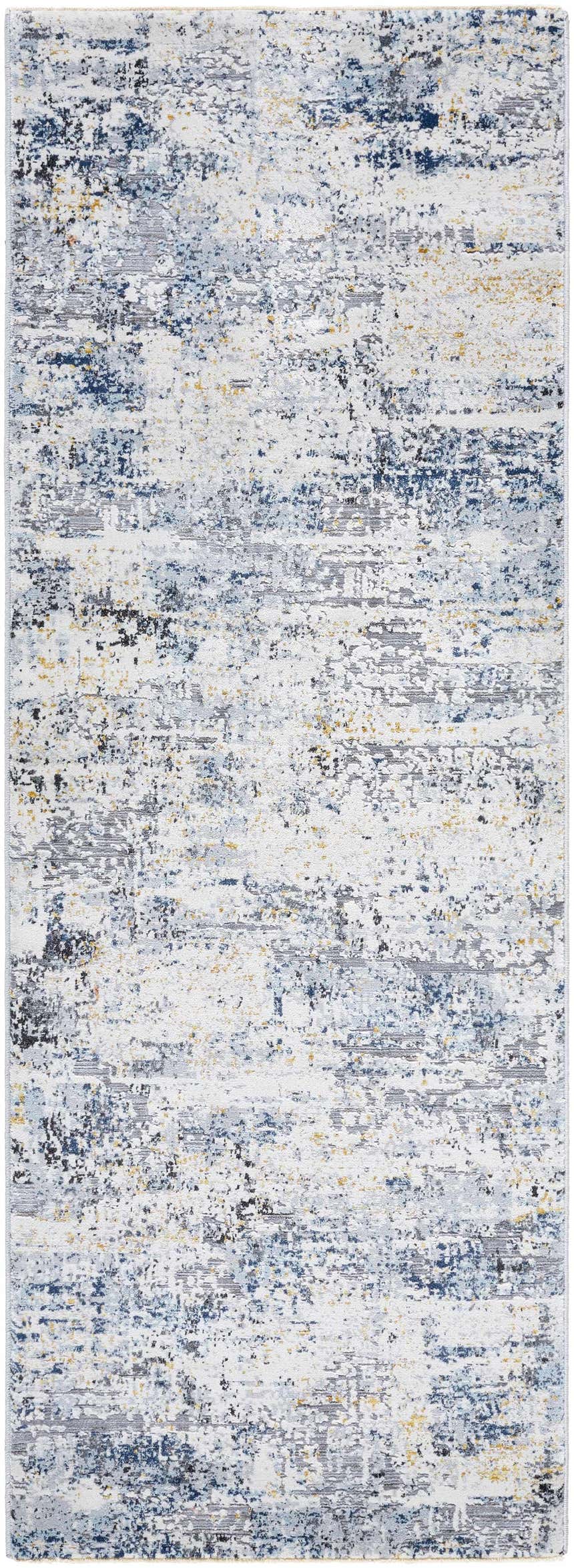 Close-up of the Hyman Area Rug - Clearance. Features a contemporary design with camel, gray, and denim colors. Design-Runner-2773