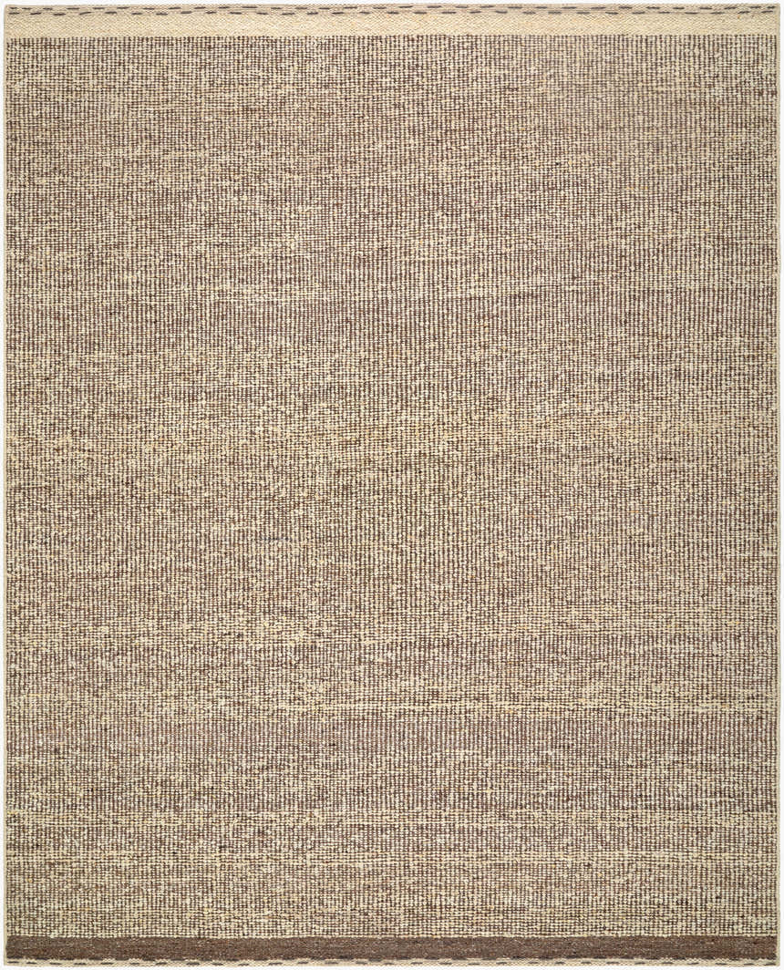 Close-up of the hand woven Anoush Area Rug. Charcoal, ivory, and sandstone wool rug with a traditional farmhouse style. Design-Rectangle-810