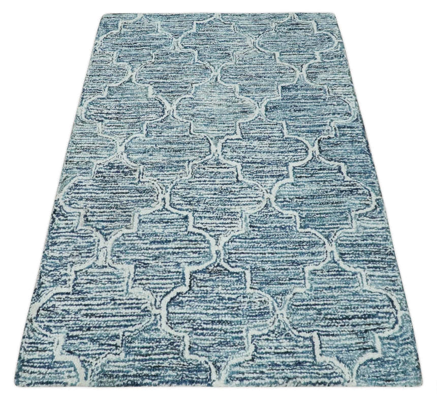 Blue and Ivory Modern Geometric Hand Tufted Natural Wool Rug