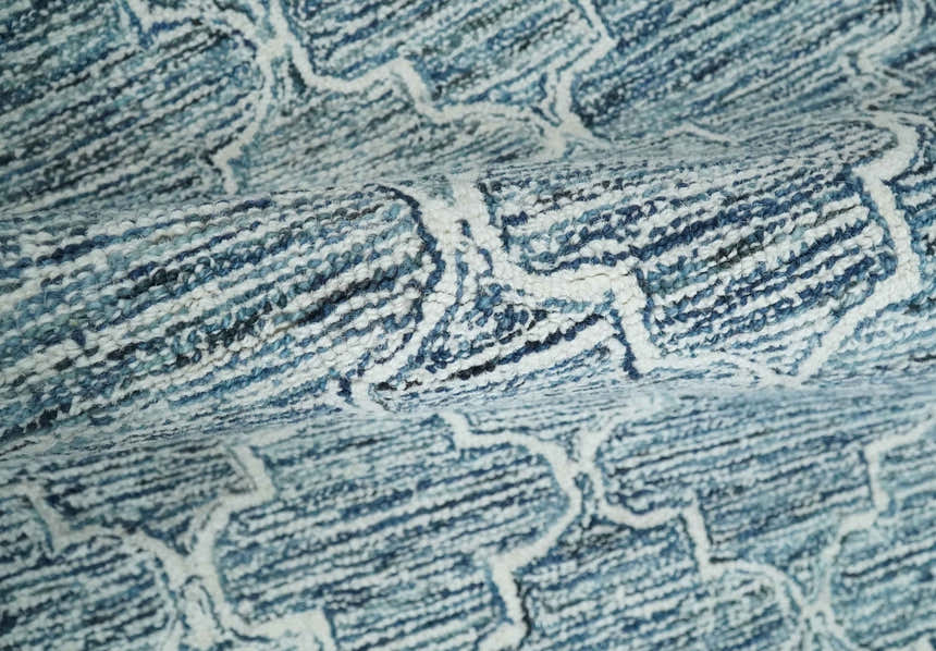 Blue and Ivory Modern Geometric Hand Tufted Natural Wool Rug