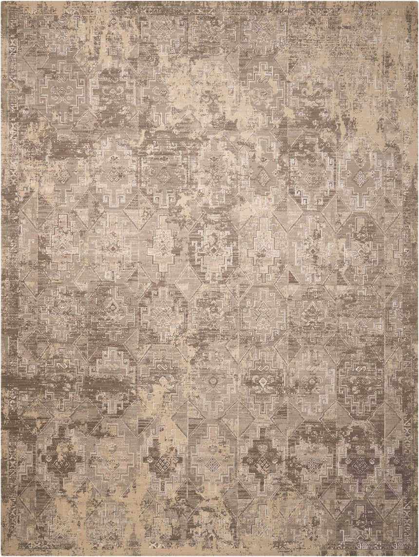 Close-up of the Nourison Silk Elements Mushroom Persian rug, featuring a detailed geometric pattern in neutral tones.