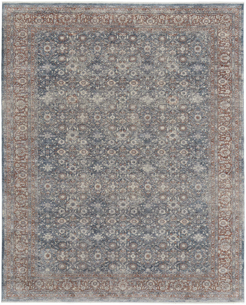 Feizy Marquette rug in blue and red. Transitional oriental rug with floral pattern and detailed border. Design-Rectangle