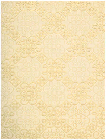 Close-up of the beige Nourison Ambrose Linen rug. Features a subtle geometric and floral pattern, handmade with wool and cotton.