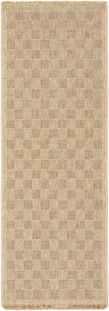 Close-up of the Jurek Beige Checkered Area Rug, showing the khaki and tan woven checkerboard pattern and texture. Design-Runner-2773
