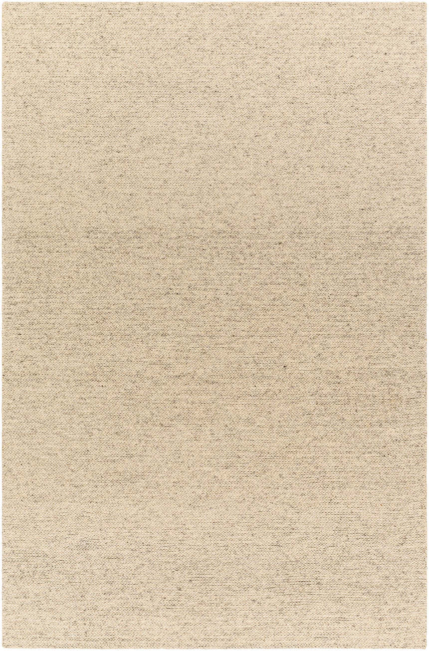 Close-up of the hand-woven Alyra Beige Solid Area Rug. Features a textured, neutral lambswool color with subtle brown flecks. Design-Rectangle-576