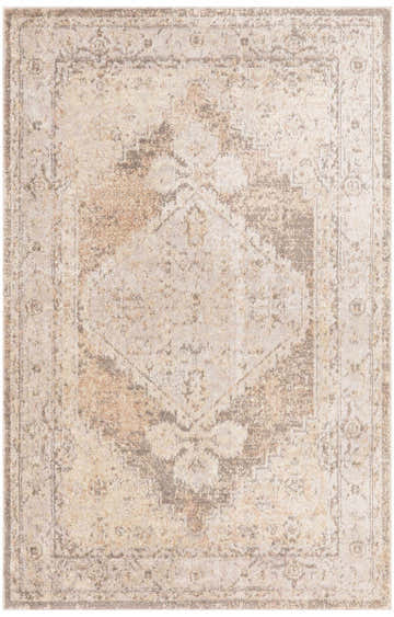Close-up of the Nourison Astra Beige Vintage Rug. Machine-made with a distressed, ornate pattern and soft beige tones.
