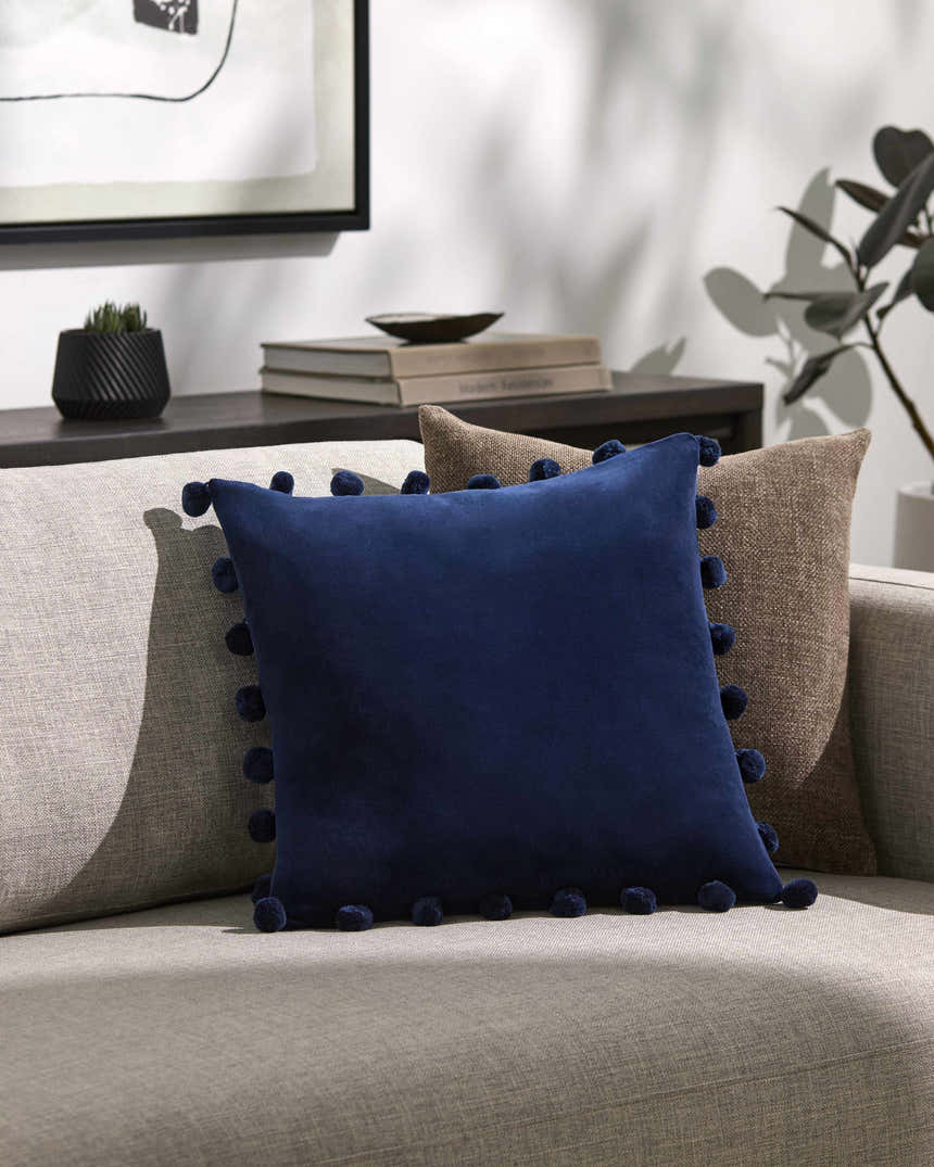 Nocten Midnight Blue Pom Trim Modern Cotton Accent Pillow