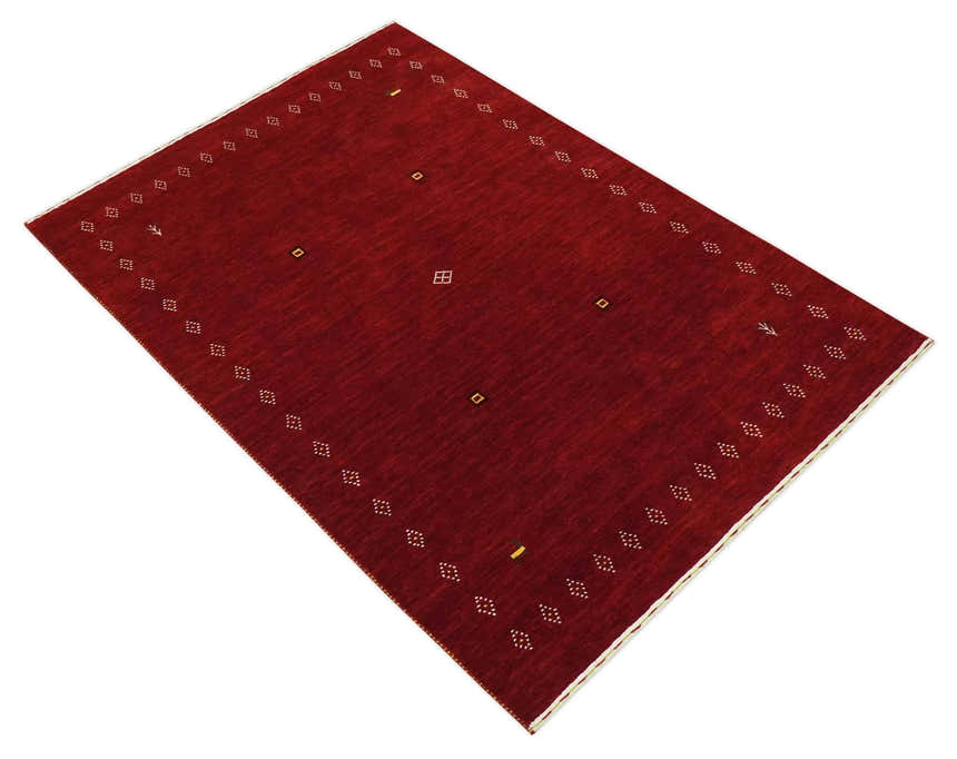 Solid Plain Maroon Geometrical Design Hand loom Custom made wool area Rug