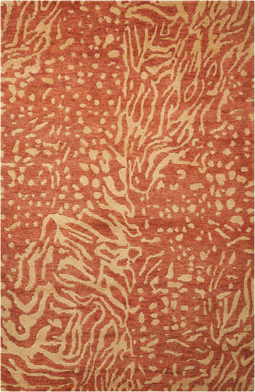 Close up of Nourison Tahoe Modern Rust/Beige rug. Abstract pattern in rust and beige. Handmade wool texture.