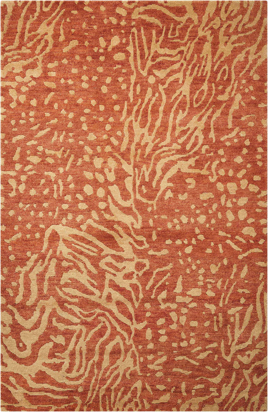 Close up of Nourison Tahoe Modern Rust/Beige rug. Abstract pattern in rust and beige. Handmade wool texture.