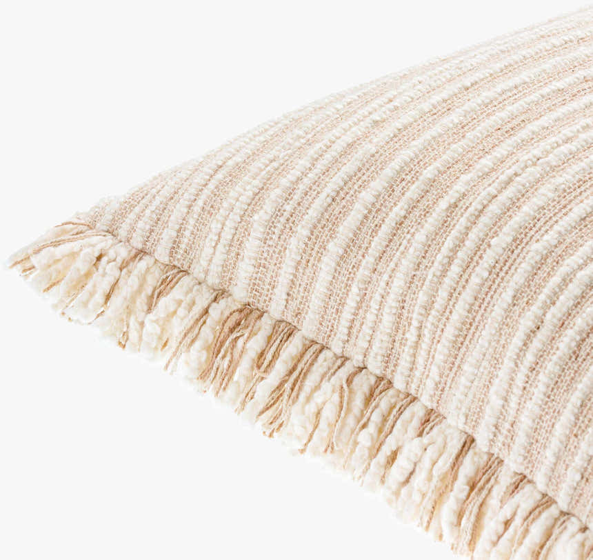 Padrin Tan Fringed Textured Stripe Updated Traditional Cotton Accent Pillow - Clearance