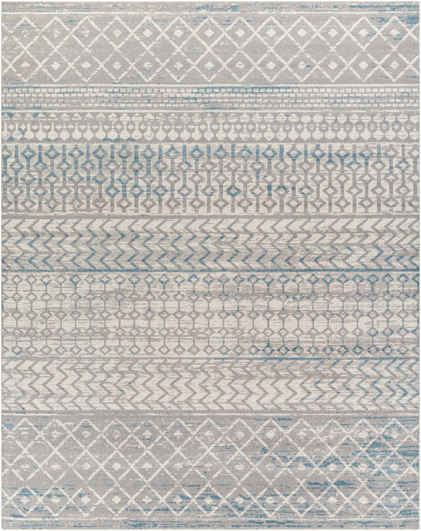 Close-up of the Tambac Blue & Gray Washable Area Rug featuring a contemporary geometric pattern and distressed texture. Design-Rectangle-71010