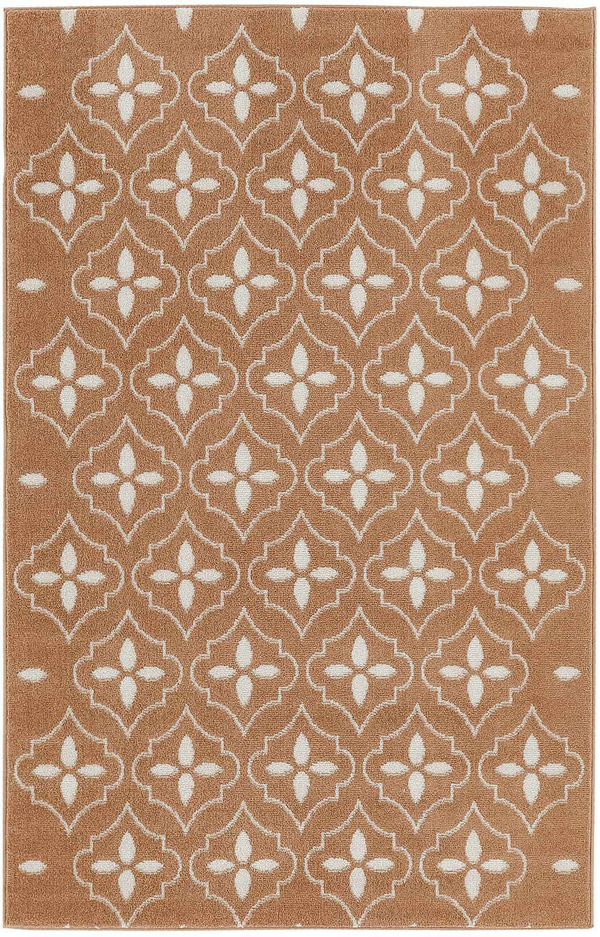 Close-up of the Nourison Essentials Copper Modern Area Rug featuring a caramel backdrop and white quatrefoil pattern.
