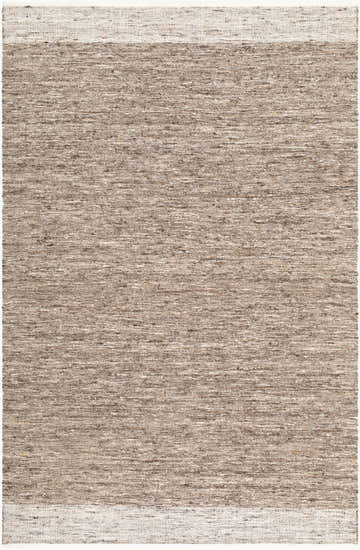 Close-up of the hand woven Molbergen Area Rug. The wool rug features charcoal, ivory, and taupe threads. Design-Rectangle-576
