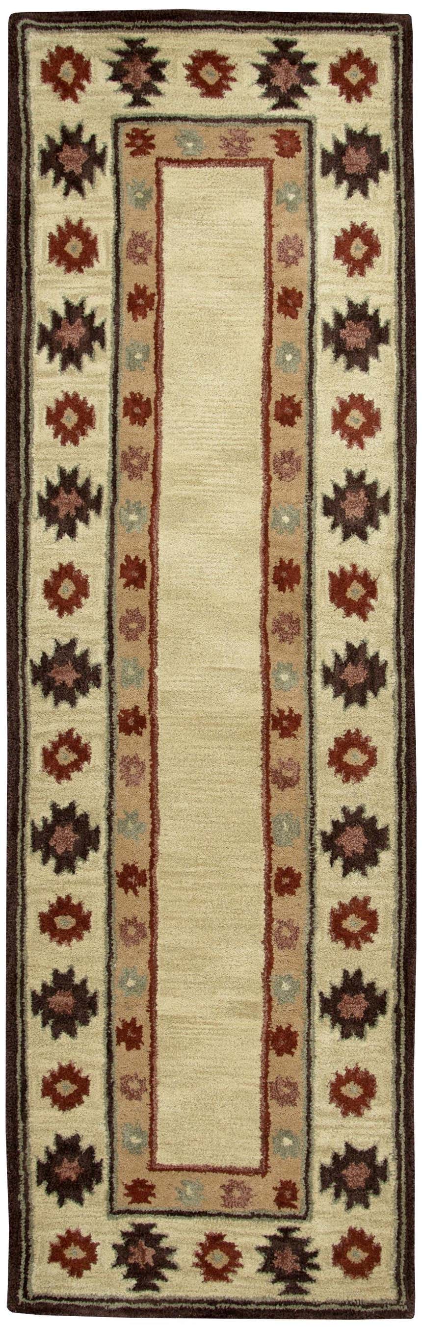 Close-up of Rizzy SU2015 runner rug. Beige center, burgundy and navy Southwestern pattern, hand-tufted 100% wool texture. Design-Runner