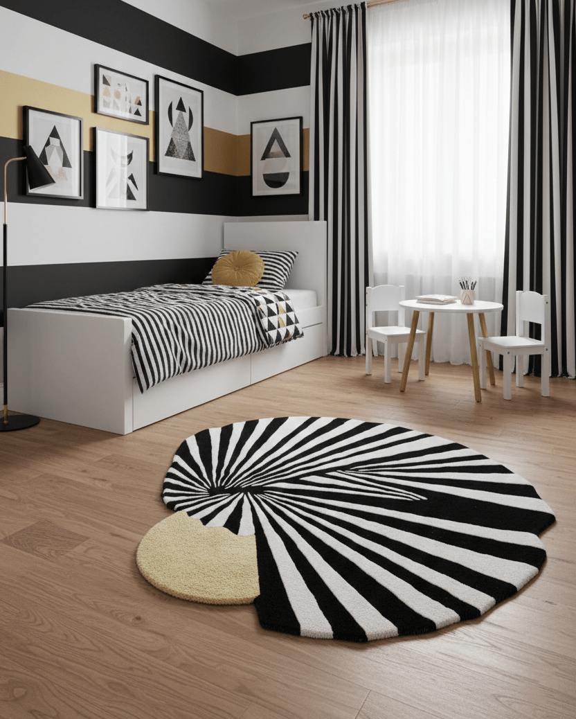 Sunflare Fan Black Hand Tufted 5x5 Wool Area Rug